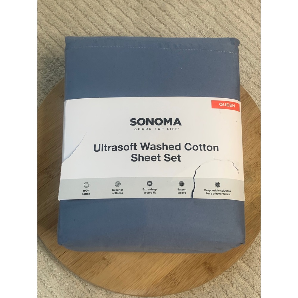 Sonoma Goods For Life Queen Ultrasoft Washed Cotton Sheet Set Infinity Blue 4pc